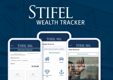 Stifel Wealth Tracker; Image of 3 cell phones with the wealth tracker features on them.